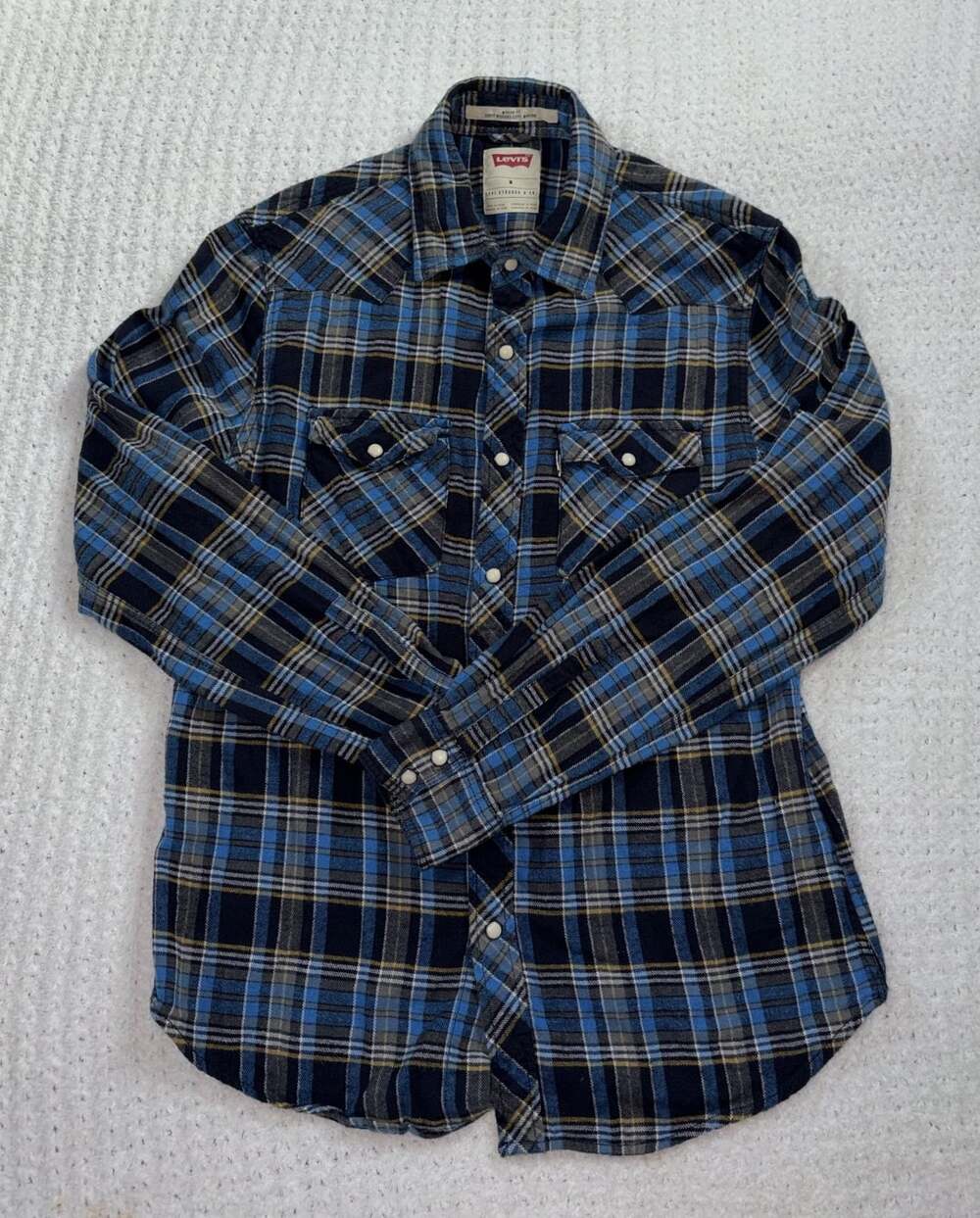 Levi's Plaid Pearl Snap Western Shirt Size M Blue Long Sleeve